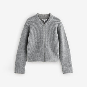 Grey Rib Knitted Zip Through Cardigan Bomber Jacket with Wool
