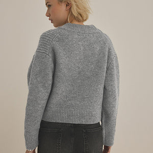 Grey Rib Knitted Zip Through Cardigan Bomber Jacket with Wool