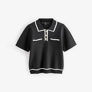 Black White Smart Collared Knitted T-Shirt