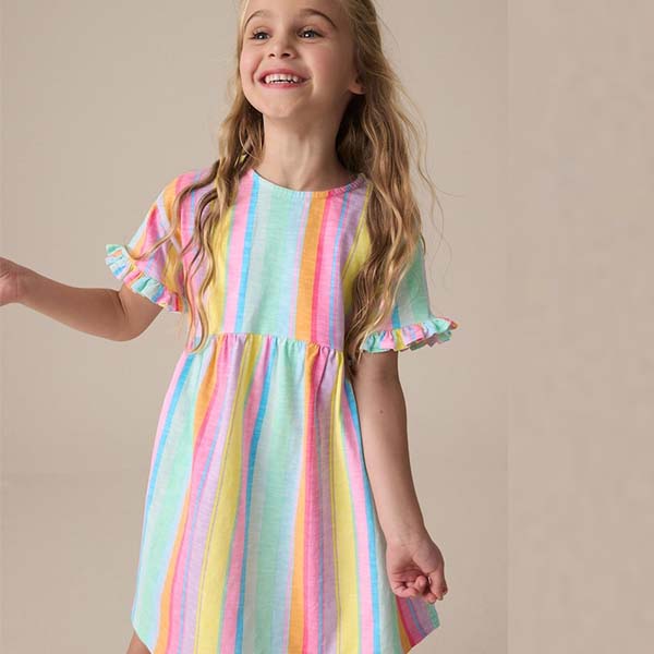 Rainbow Stripe Short Sleeve Jersey Summer Dress (3-12yrs)