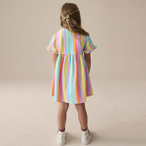 Rainbow Stripe Short Sleeve Jersey Summer Dress (3-12yrs)