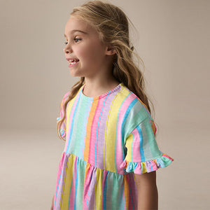 Rainbow Stripe Short Sleeve Jersey Summer Dress (3-12yrs)