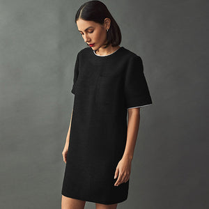 Black Boucle Short Sleeve Mini Dress