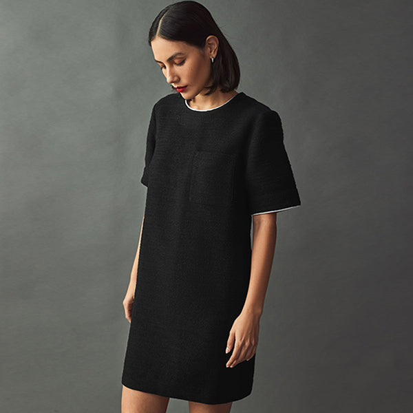Black Boucle Short Sleeve Mini Dress