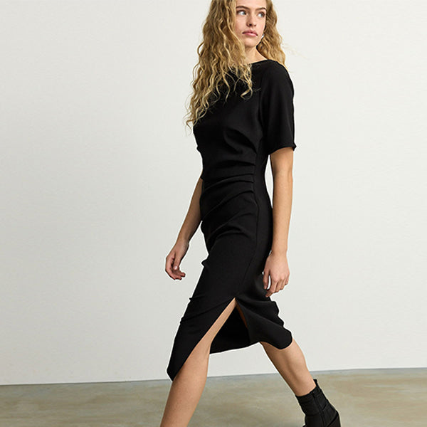 Black Ruched Short Sleeve Midi Dress