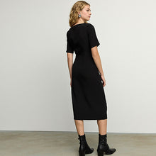 Load image into Gallery viewer, Black Ruched Short Sleeve Midi Dress
