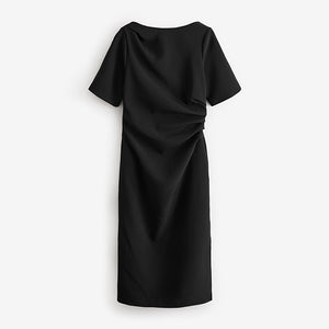 Black Ruched Short Sleeve Midi Dress