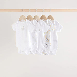 White Animal Print Short Sleeve Baby Bodysuits 5 Pack