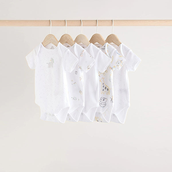 White Animal Print Short Sleeve Baby Bodysuits 5 Pack