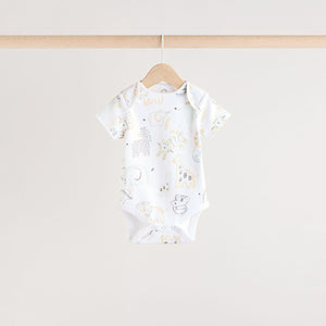 White Animal Print Short Sleeve Baby Bodysuits 5 Pack