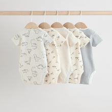 Load image into Gallery viewer, Grey Dinosaur Short Sleeve Baby Bodysuits 5 Pack
