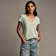 Load image into Gallery viewer, Sage Green V-Neck Cap Sleeve T-Shirt
