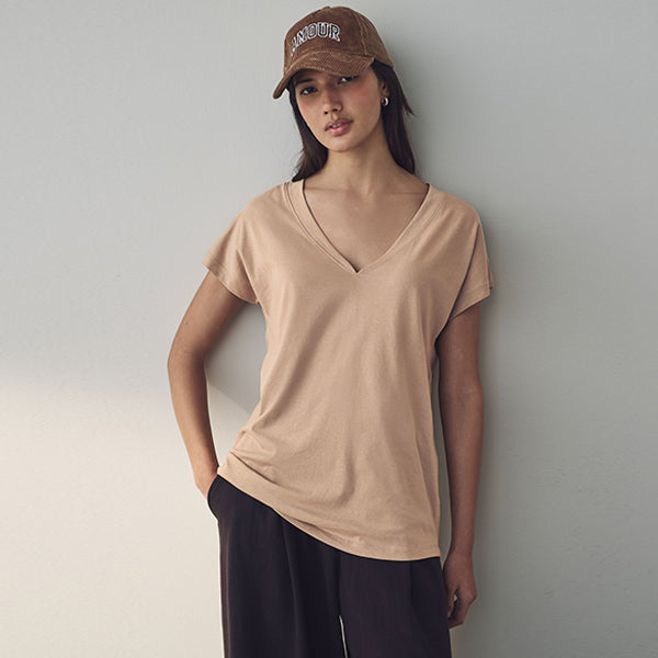 Neutral V-Neck Cap Sleeve T-Shirt