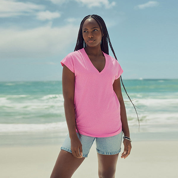 Fluro Pink V-Neck Cap Sleeve T-Shirt