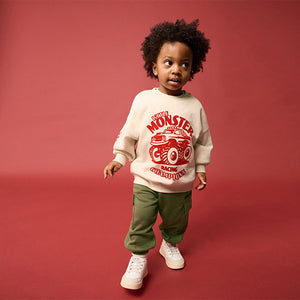 Ecru Monster Truck Back Print Sweatshirt and Utility Joggers
