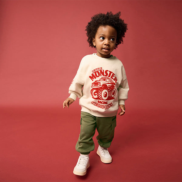 Ecru Monster Truck Back Print Sweatshirt and Utility Joggers