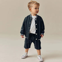 Load image into Gallery viewer, Navy Blue Stripe 100% Cotton Jersey Letterman Jacket and Shorts Set (3mths-6yrs)
