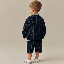 Load image into Gallery viewer, Navy Blue Stripe 100% Cotton Jersey Letterman Jacket and Shorts Set (3mths-6yrs)
