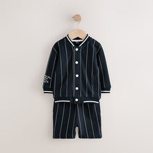 Load image into Gallery viewer, Navy Blue Stripe 100% Cotton Jersey Letterman Jacket and Shorts Set (3mths-6yrs)
