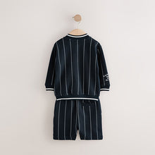 Load image into Gallery viewer, Navy Blue Stripe 100% Cotton Jersey Letterman Jacket and Shorts Set (3mths-6yrs)

