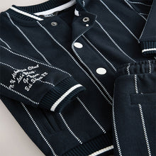 Load image into Gallery viewer, Navy Blue Stripe 100% Cotton Jersey Letterman Jacket and Shorts Set (3mths-6yrs)
