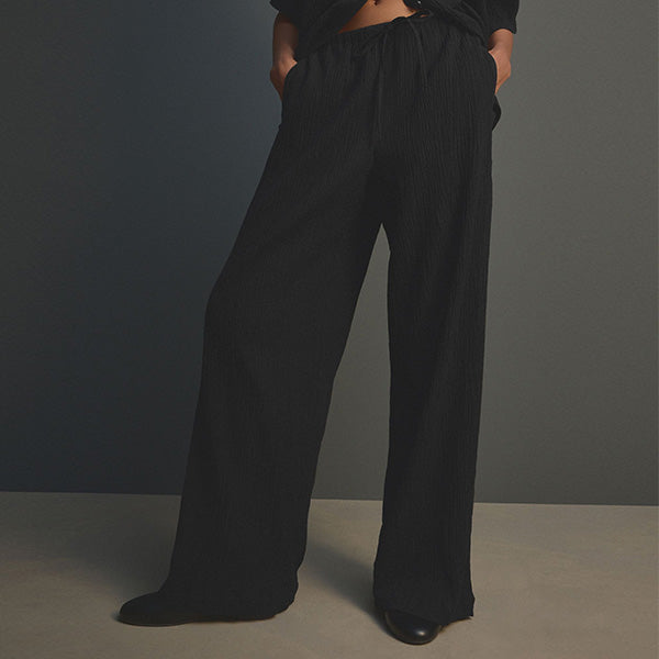 Black Wide Leg Textured Co-ord Trousers with Linen