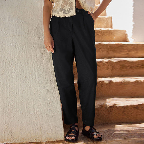 Black Stay Smart Barrel Leg Linen Rich Trousers