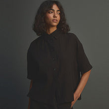 Load image into Gallery viewer, Black Short Sleeve Textured Co-ord Shirt With Linen
