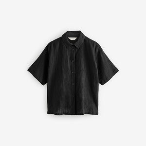 Black Short Sleeve Textured Co-ord Shirt With Linen