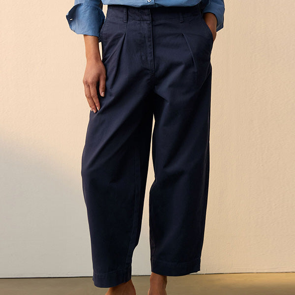 Navy 100% Cotton Barrel Leg Chinos Trousers
