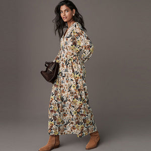 Cream Ditsy Floral Print V-Neck Boho Belted Jersey Midi Shirt Dress