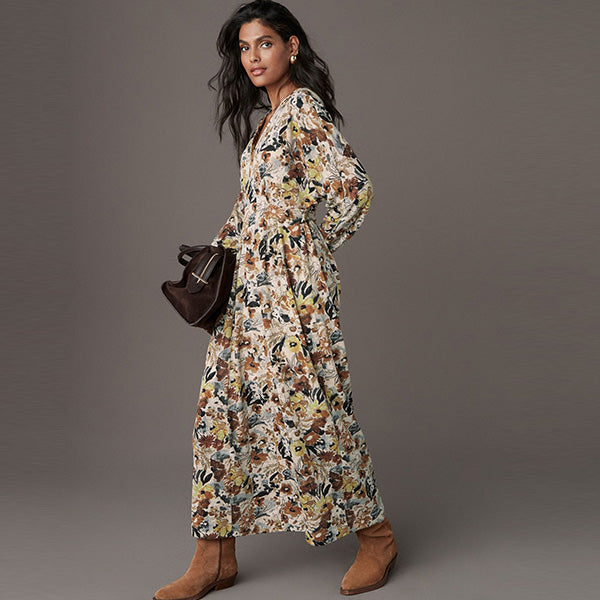 Cream Ditsy Floral Print V-Neck Boho Belted Jersey Midi Shirt Dress