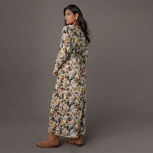Cream Ditsy Floral Print V-Neck Boho Belted Jersey Midi Shirt Dress