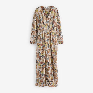 Cream Ditsy Floral Print V-Neck Boho Belted Jersey Midi Shirt Dress