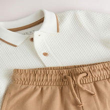 Load image into Gallery viewer, Tan/White Short Sleeve Textured Polo Shirt and Shorts Set (9mths-6yrs)
