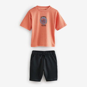 Orange/Black Short Sleeve T-Shirt & Carpenter Shorts Set
