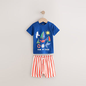 Blue Short Sleeve T-Shirt & Pattern Shorts Set