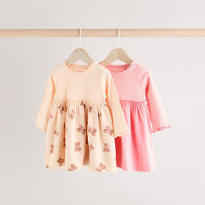 Pink/White Bear Print Baby Jersey Dresses 2 Pack