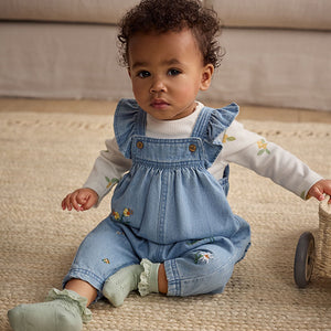 Blue Denim Embroidered Flowers Long Sleeve Baby