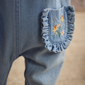 Blue Denim Embroidered Flowers Long Sleeve Baby