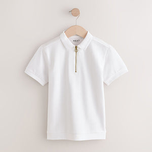 White Textured Short Sleeve Quarter Zip Polo Shirt