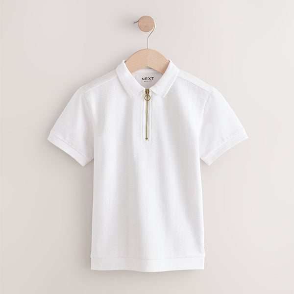 White Textured Short Sleeve Quarter Zip Polo Shirt