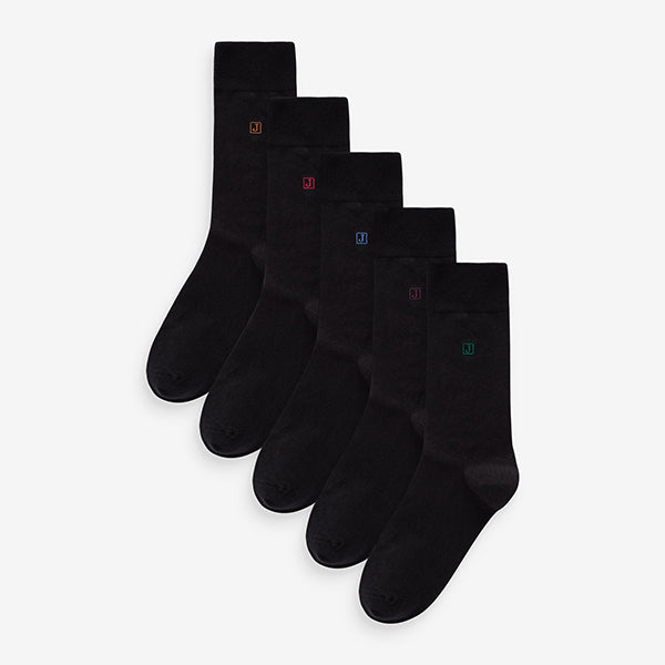 Inital Black Embroidered Lasting Fresh Socks 5 Pack