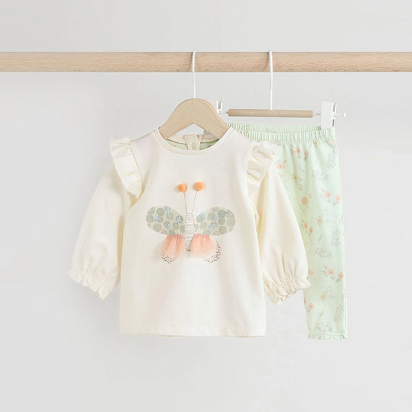 White and Sage Green Butterfly Baby Long Sleeve Top and Leggings