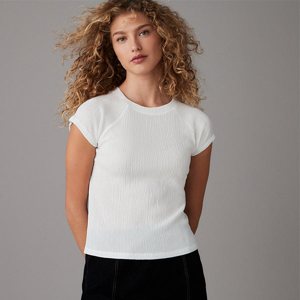 White Raglan Short Sleeve Textured Top