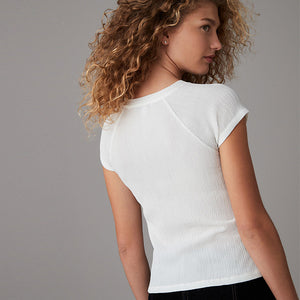 White Raglan Short Sleeve Textured Top