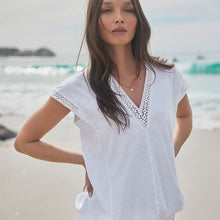 Load image into Gallery viewer, White Short Sleeve Lace V-Neck Bubble Hem 100% Cotton Top

