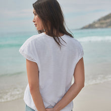 Load image into Gallery viewer, White Short Sleeve Lace V-Neck Bubble Hem 100% Cotton Top
