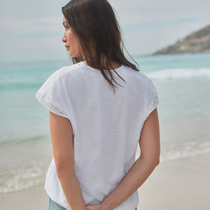 White Short Sleeve Lace V-Neck Bubble Hem 100% Cotton Top