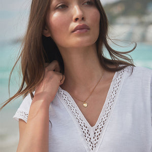 White Short Sleeve Lace V-Neck Bubble Hem 100% Cotton Top